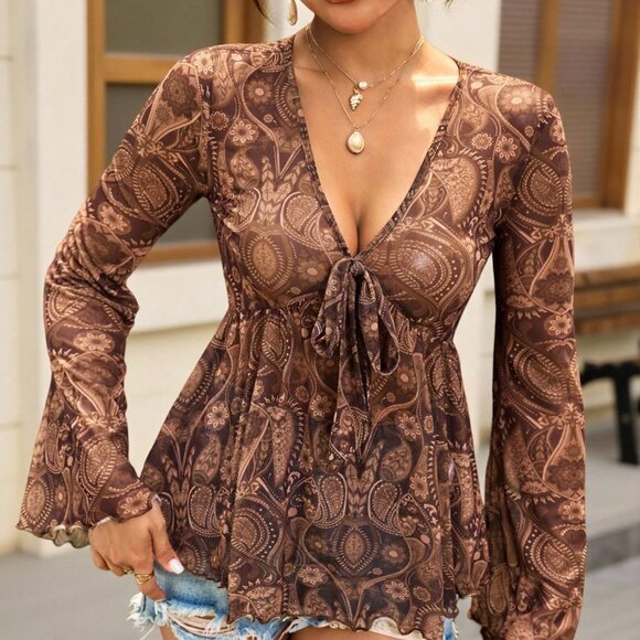 Coffee Brown Boho Women's Vacation Paisley Print Tie Front Ruffle Hem Shirt top - Picture 4 of 9